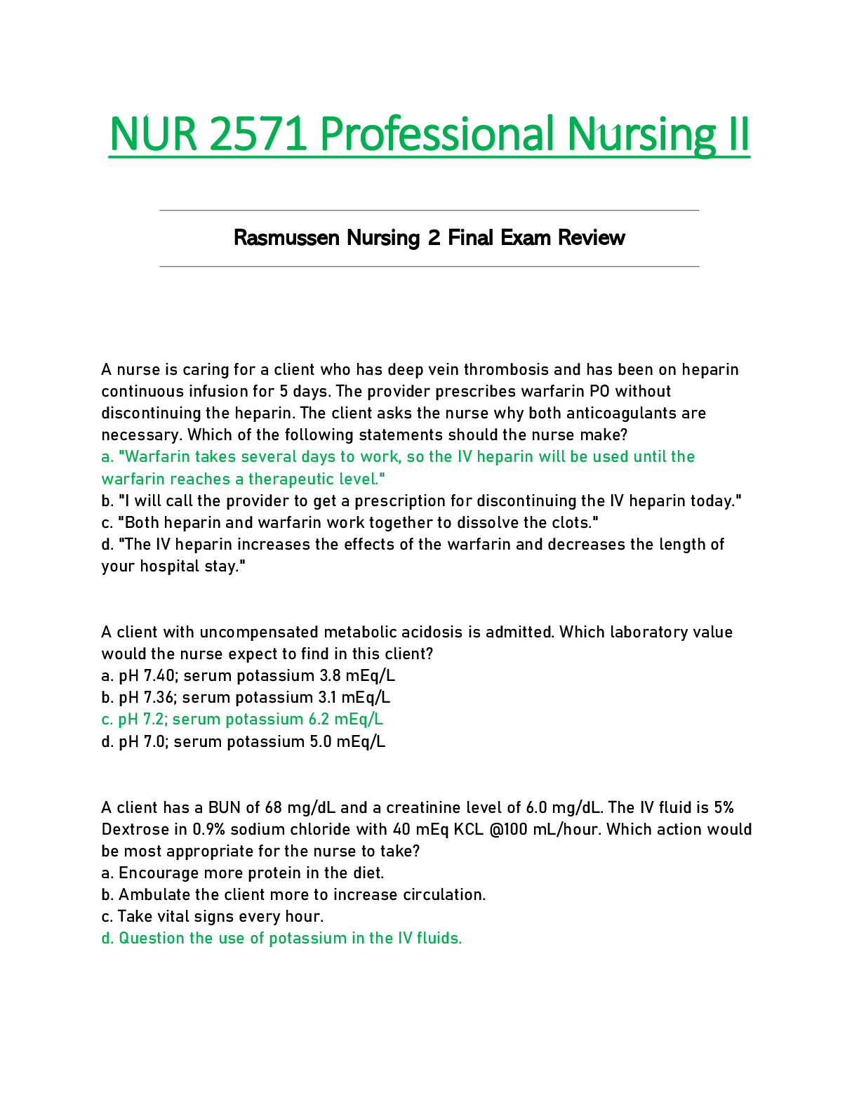 Preview of NUR 2571 / NUR2571 Final Exam Review Updated: Professional Nursing II / PN 2 - Rasmussen